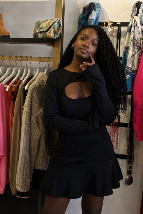 Black long-sleeve cut-out mini dress